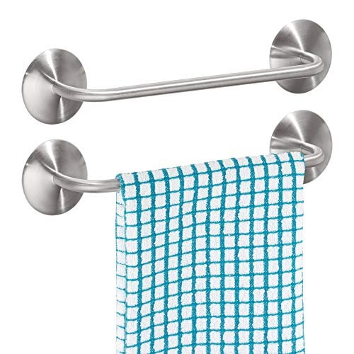 Brushed mDesign Metal Adhesive Wall Mount Kitchen Hand Towel Hanger 2 Pack 