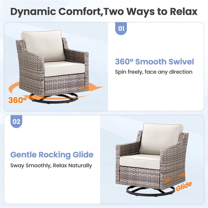 PARKWELL 8 Piece Outdoor Patio Furniture Set with Fire Pit Table,All-Weather Conversation Set with 4-Inch Thick Cushions,4 Swivel Glider Chair,7-Seat Furniture Sets for Deck, Backyard,Gray/Beige