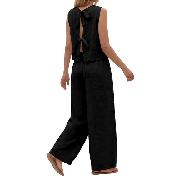 Aellinatey Women's Two Piece Sets With Back Tie Bow Top And Wide Leg Pants For Vacation Travel Outfits