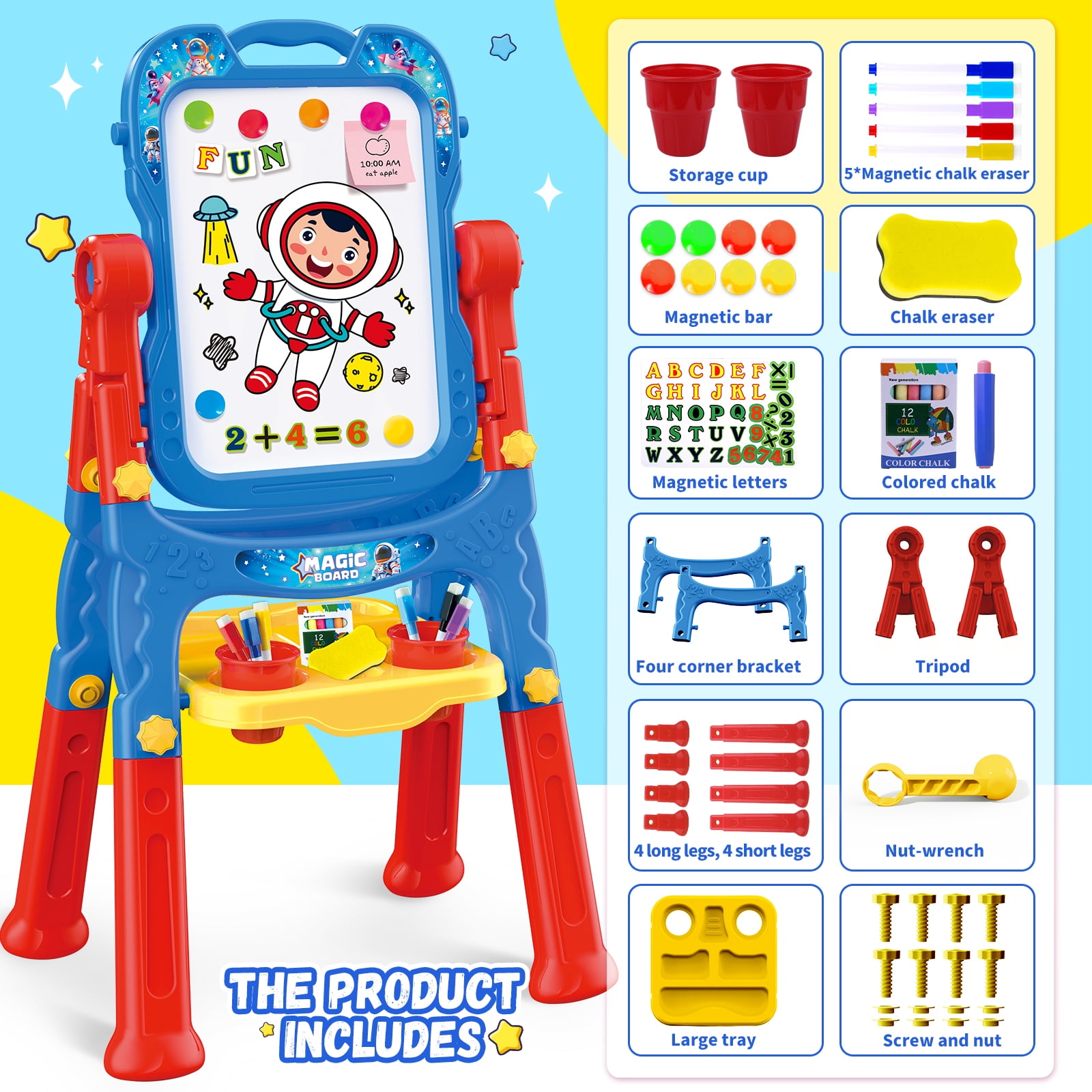 Art Easel for Kids - Adjustable Double-Sided Rotatable Magnetic White Board with Painting Accessories, Preschool Learning Toy for Girls 3-5 Years Old,Ideal Christmas Birthday Gift （Blue）