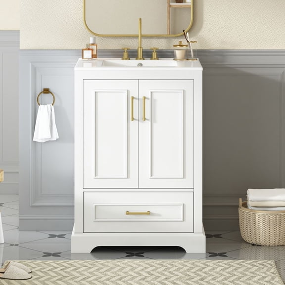 WGYPRIME 24" Bathroom Vanity with Ceramic Sink, Freestanding Bathroom Sink Cabinet with Drawer and 2 Soft Close Doors, Wood Frame Single Bathroom Cabinet w/ Storage Racks