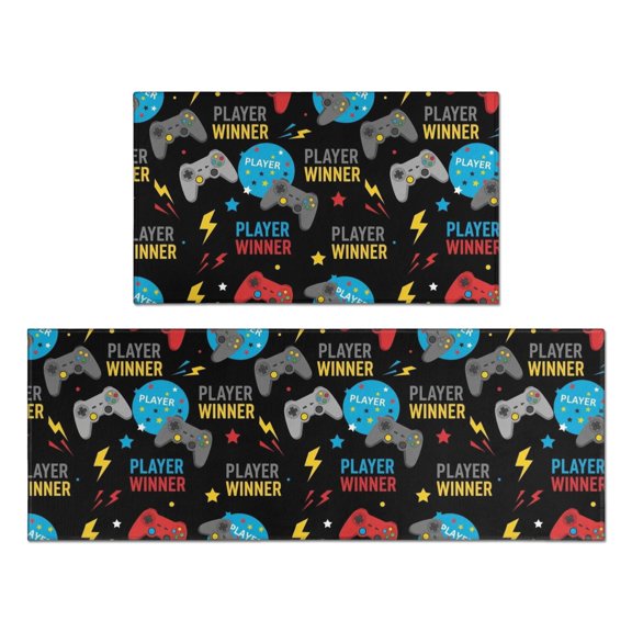 Game Controller Black Pattern Anti Fatigue Kitchen Rugs Set Of 2, Non Slip Washable Decorative Floor Mats for Kitchen Sink Laundry, 17"x30" and 17"x47"