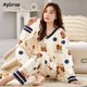 thumbnail image 2 of Pijamas con estampado de oso para mujer, ropa de dormir de algodón de manga larga, suave, de ocio, de dibujos animados, para Otoño e Invierno, 2 of 5