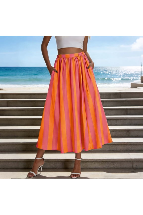 Women's Striped High Waisted Elastic Waist A Line Maxi Skirt,Flowy Casual Beach Vacation Skirt Hot Pink,Women's Plus L