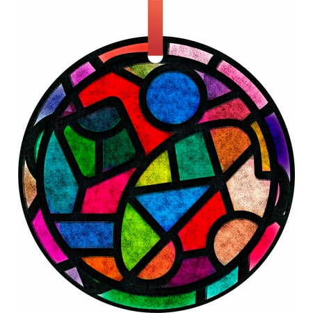 Geometric Stained Glass Design Hanging Tree Ornament Flat Round - Shaped Christmas Holiday Hanging Tree Ornament Disc Made in the