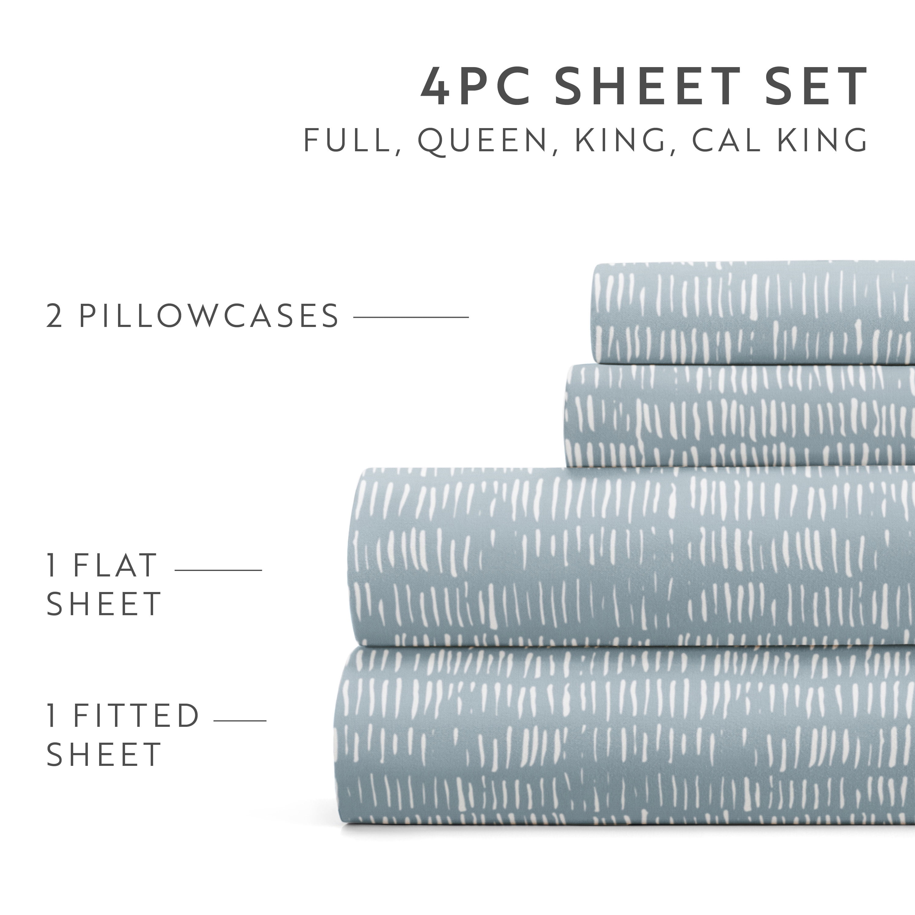 Noble Linens 4 Piece Pattern Microfiber Bed Sheets Set, Dashed Lines Light Blue , King