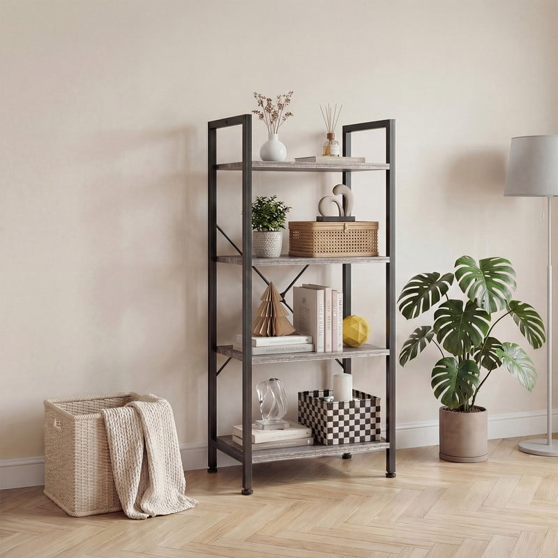 Gianna 4 Tier Bookshelf, Free Standing Shelf, Bookcase Shelf Storage Organizer, Industrial Book Shelves for Home Office, Living Room, Kitchen, Gray