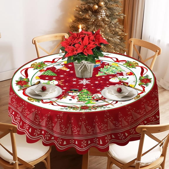 Round Christmas Tablecloth Round 70 Inch, Christmas Tree Snowman Table Cloths with Gnomes Santa Claus Circle Table Cover Holiday Decor Gifts for Dining Room Indoor