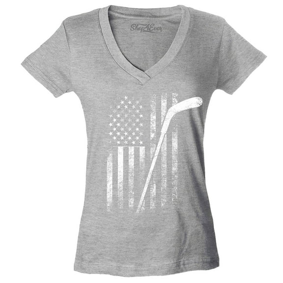 Shop4Ever Women's Distressed Hockey American Flag Patriotic Sports Slim Fit V-Neck T-Shirt Large Sports Grey