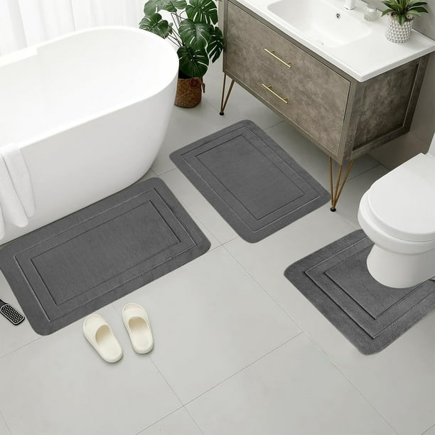 Set Grande de Alfombra para Baño de 3 Piezas | Tapetes Antideslizantes para Tina y WC | Terciopelo Suave Absorbente | Lavable a Máquina | Estilo Moderno | Azul Gris Negro | 19.6x31.4 15.7x23.6