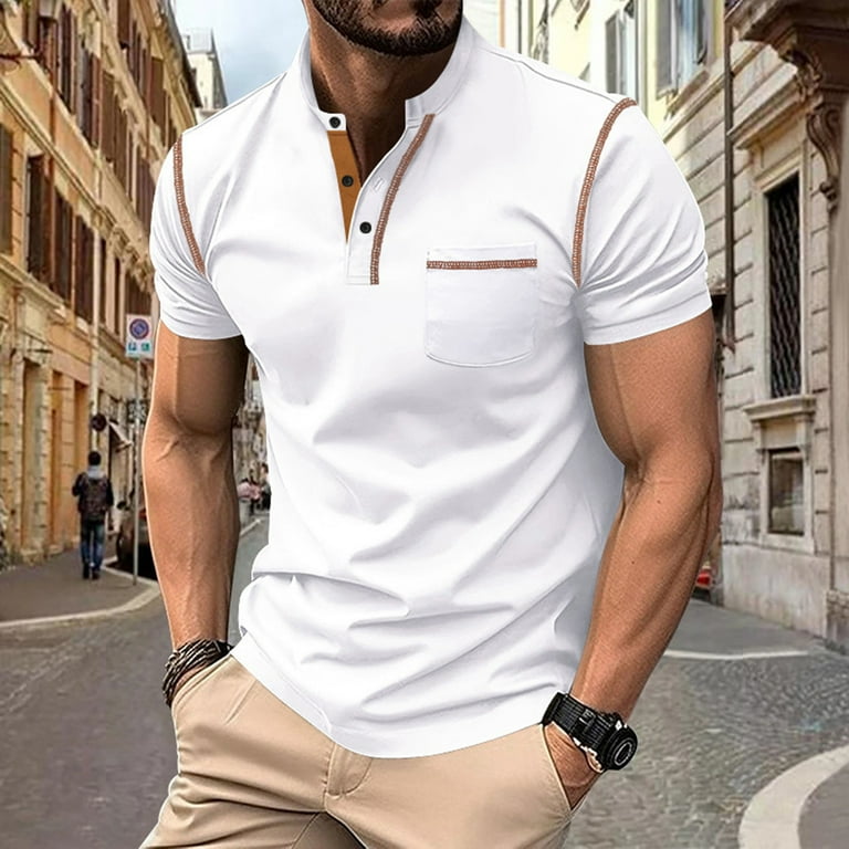 Polo Shirts for Men with Pocket Short Sleeve Cotton Blend V-Neck