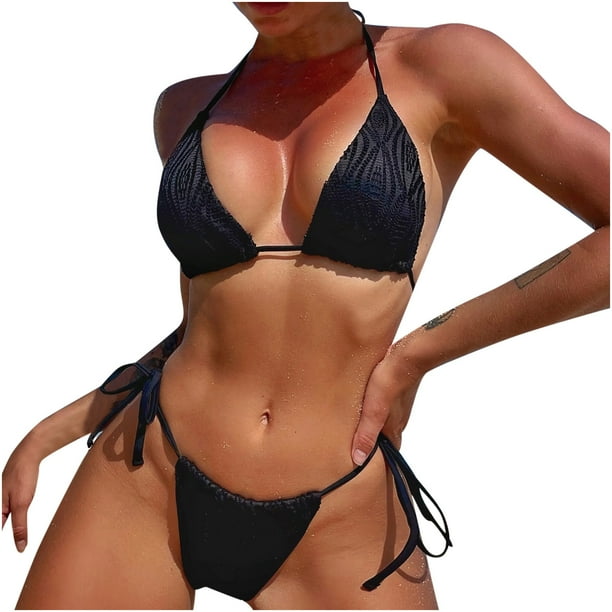 Traje de baño dividido para mujer, informal, a la moda, cintura plana, Color sólido, encaje, cuello Halter, Bikini Sexy Fridja nalpqowj56730