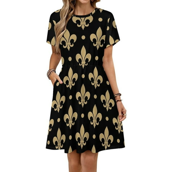 Gold & Black Fleur De Lis Dress Fashion Beach Short Sleeve Dresses Female Party Printed Sundress