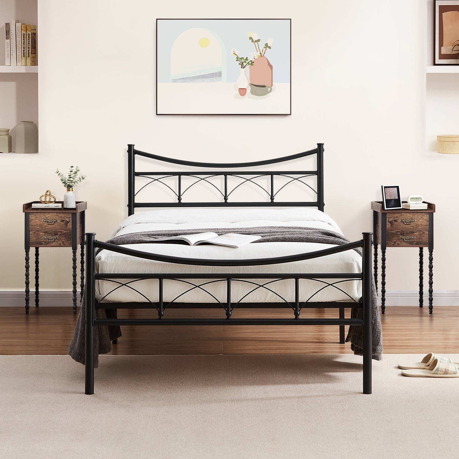 VECELO 3-Piece Bedroom Set with Black Metal Bed Frame and Set of 2 ...