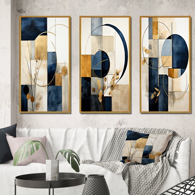 Designart "Navy Blue Organic Minimal Geometry II" Modern Geometric Framed Wall Art Set Of 3 - Yellow Abstract Frame Gallery Wall Set For Home Decor