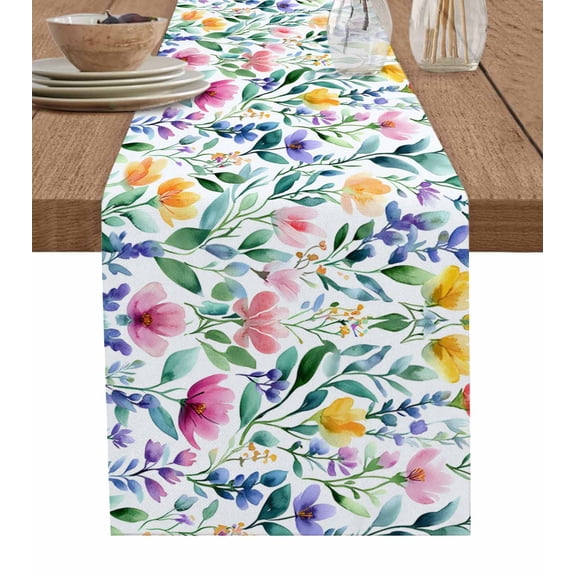 Flower Leaf Table Runner 60 Inches, Farmhouse Boho Spring Floral Green Pink Bed Runner Dresser Scarves Tabletop for Indoor Outdoor Parties/Ceremony/Banquet, 13" x 60"