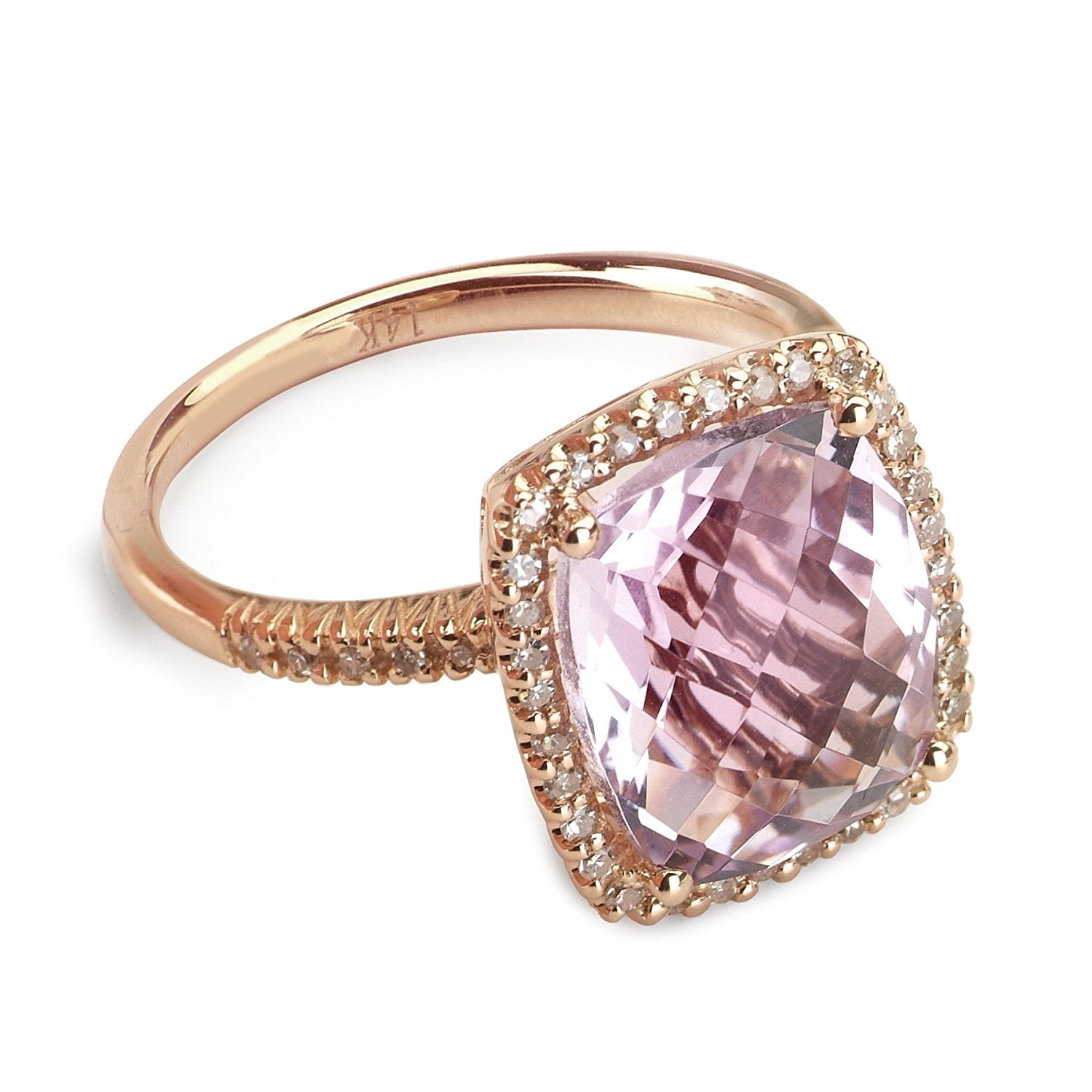 14k White Gold Square Diamond Ring with Pink Amethyst Stone .13 Ct Diamonds H-I Color SI2-I1 Clarity by Quality Jewels