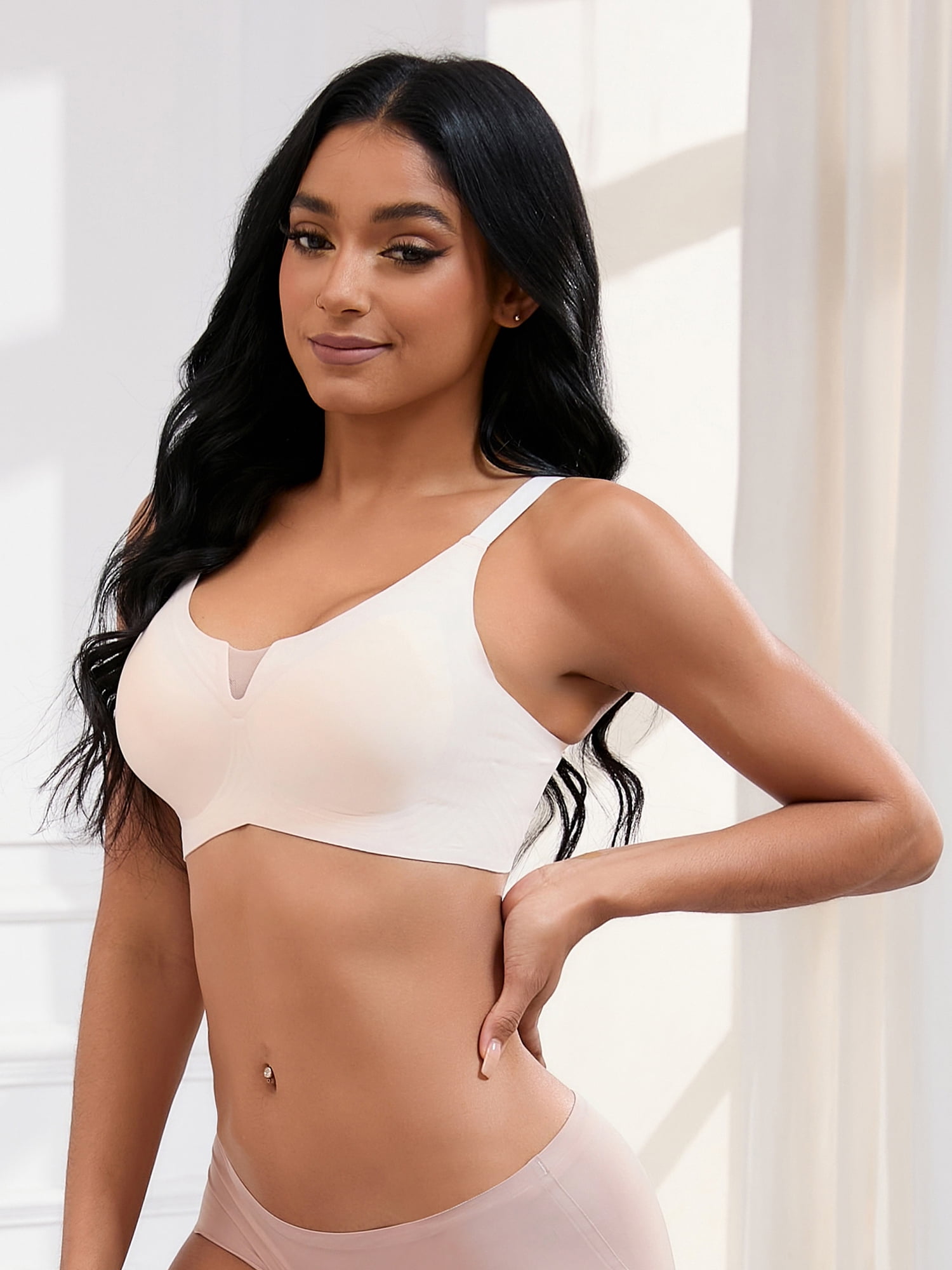 DARING DIVA Women's Push Up Mesh Wirefree Bras Adjustable Straps Padded Bras L Beige