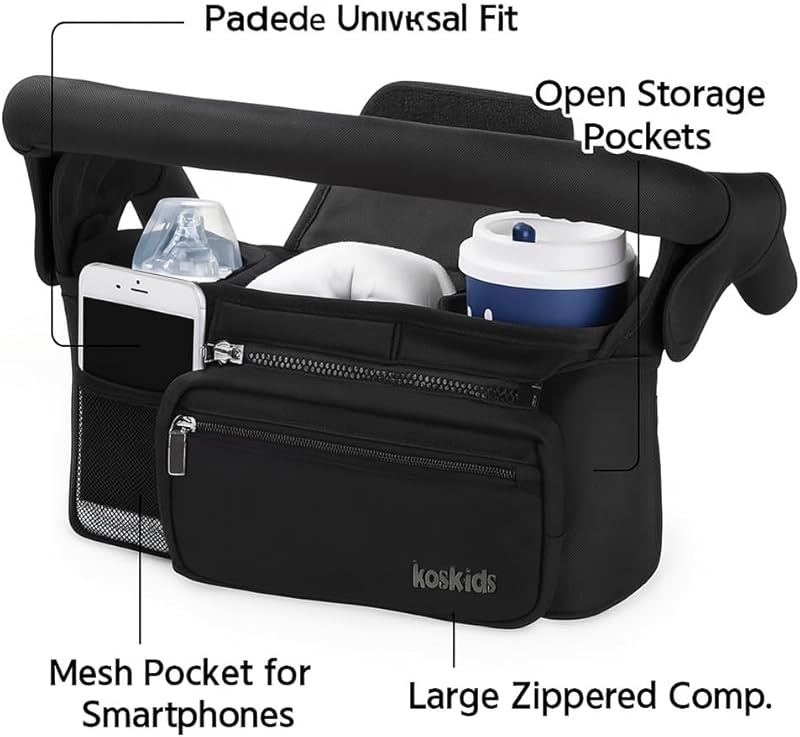 Universal Stroller Organizer with Insulated Cup Holder, Detachable Phone Bag, Shoulder Strap – Fits All Stroller Types, Keeps Drinks Hot/Cold