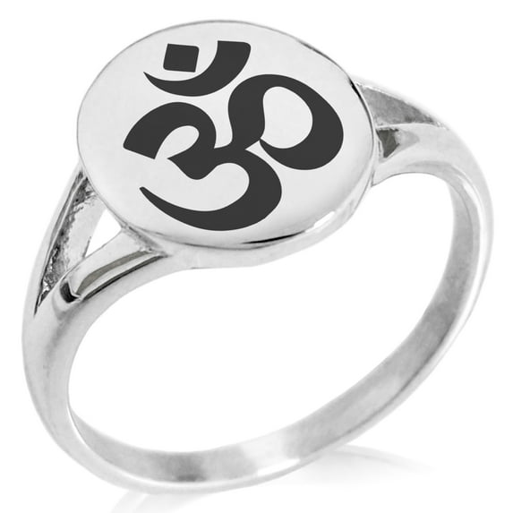 Stainless Steel Sacred Sanskrit Om Minimalist Oval Top Polished Statement Signet Ring