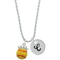 thumbnail image 1 of Delight Jewelry Silvertone Softball optic yellow - Crown Silvertone Script Initial Disc - C - Charm Necklace, 20"+3", 1 of 4