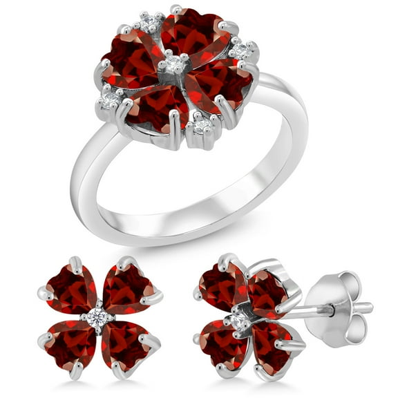 Gem Stone King 4.89 Ct Heart Shape Red Garnet 925 Sterling Silver Ring and Earrings Jewelry Set (Size 5)