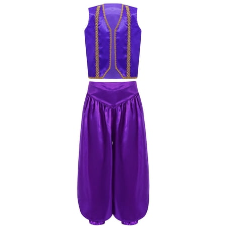 Doomiva Kids Boys Toad Costume Arabian Prince Outfits 2-Piece Satiny Vest And Bloomer Pants Set Purple 6