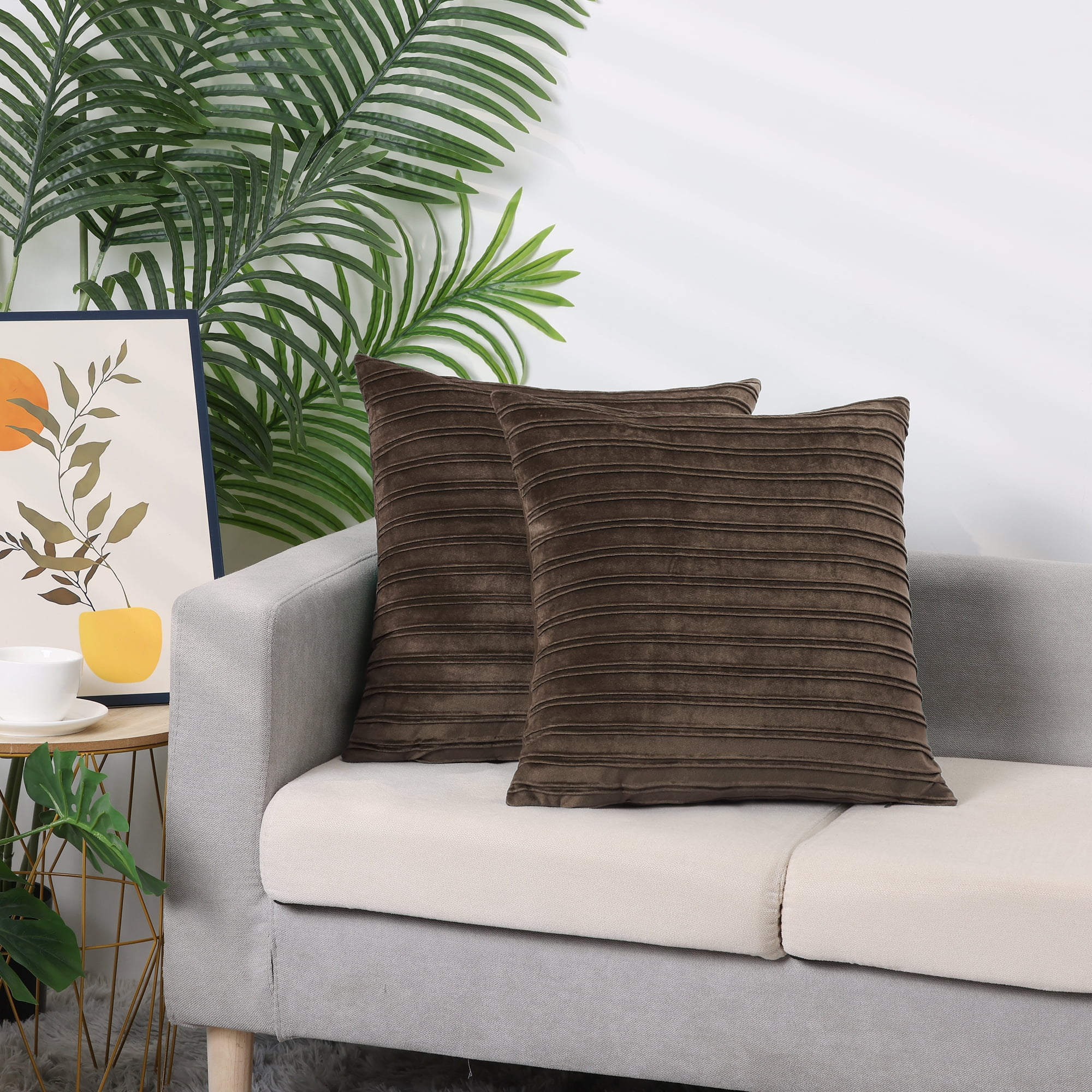 Unique Bargains 4 Pcs Velvet Striped Throw Pillow Covers Pleated Front Cushion Covers Brown 18" x 18"