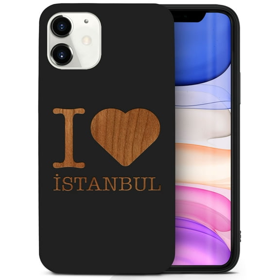 Case Yard Wooden Case for iPhone-12-Mini Soft TPU Silicone cover Slim Fit Shockproof Wood Protective Phone Cover for Girls Boys Men and Women Supports Wireless Charging I Love Istanbul Design