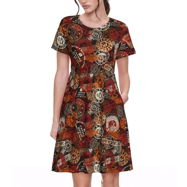 Fotbe Coffee Stamp Vestido Largo de Moda para Mujer, Vestido Tipo Camiseta con Manga Corta y Estilo Casual a Rayas y Bloques de Color