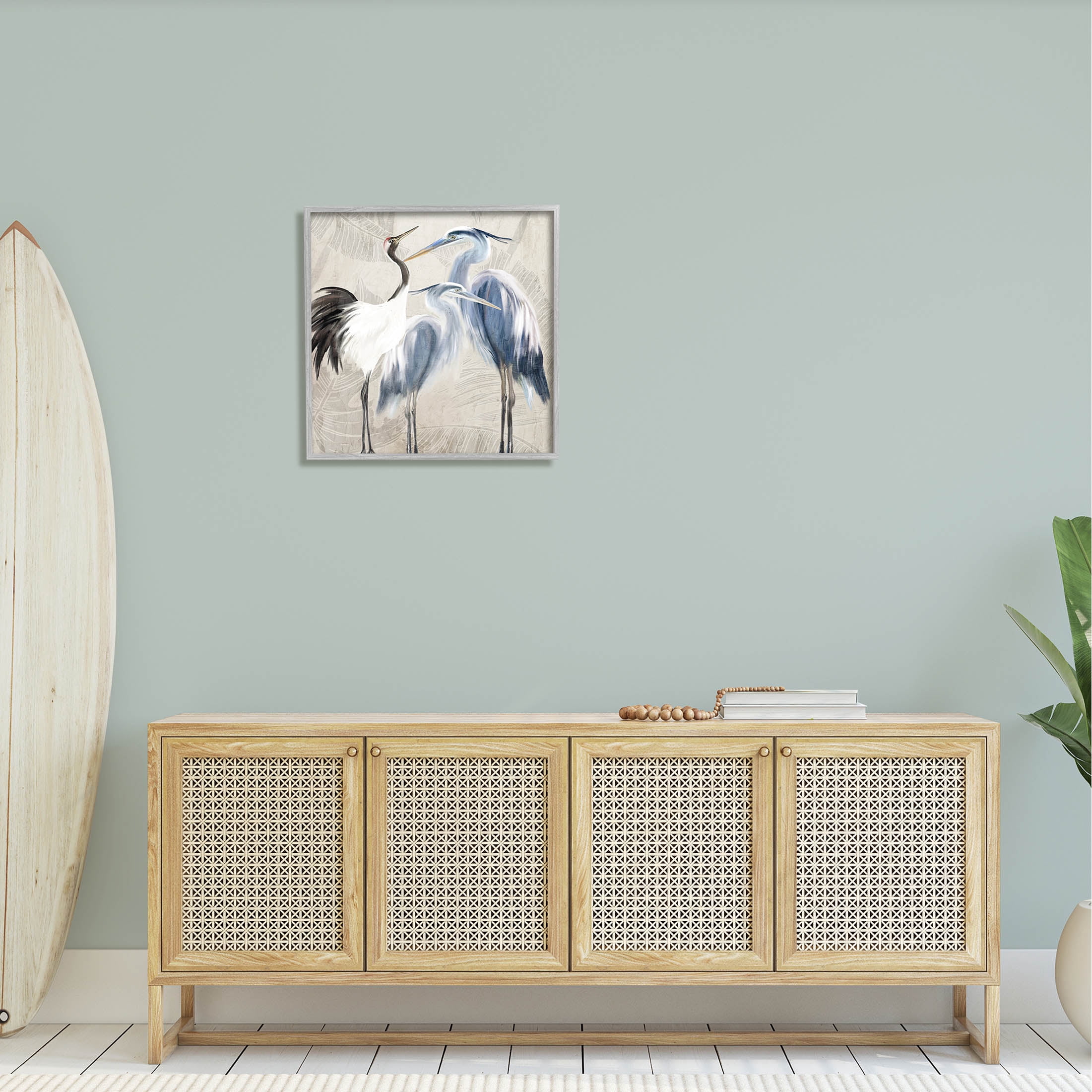 Stupell Industries Leaf Patterned Crane Heron Birds Graphic Art Gray Framed Art Print Wall Art, Design by Kim Allen