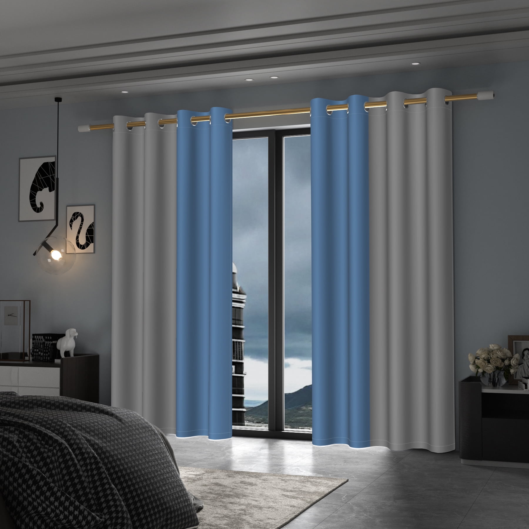 Lfeey Gray Blue Blackout Curtains 63 Inches Long, Room Darkening Grommet Curtains, 2 Panels