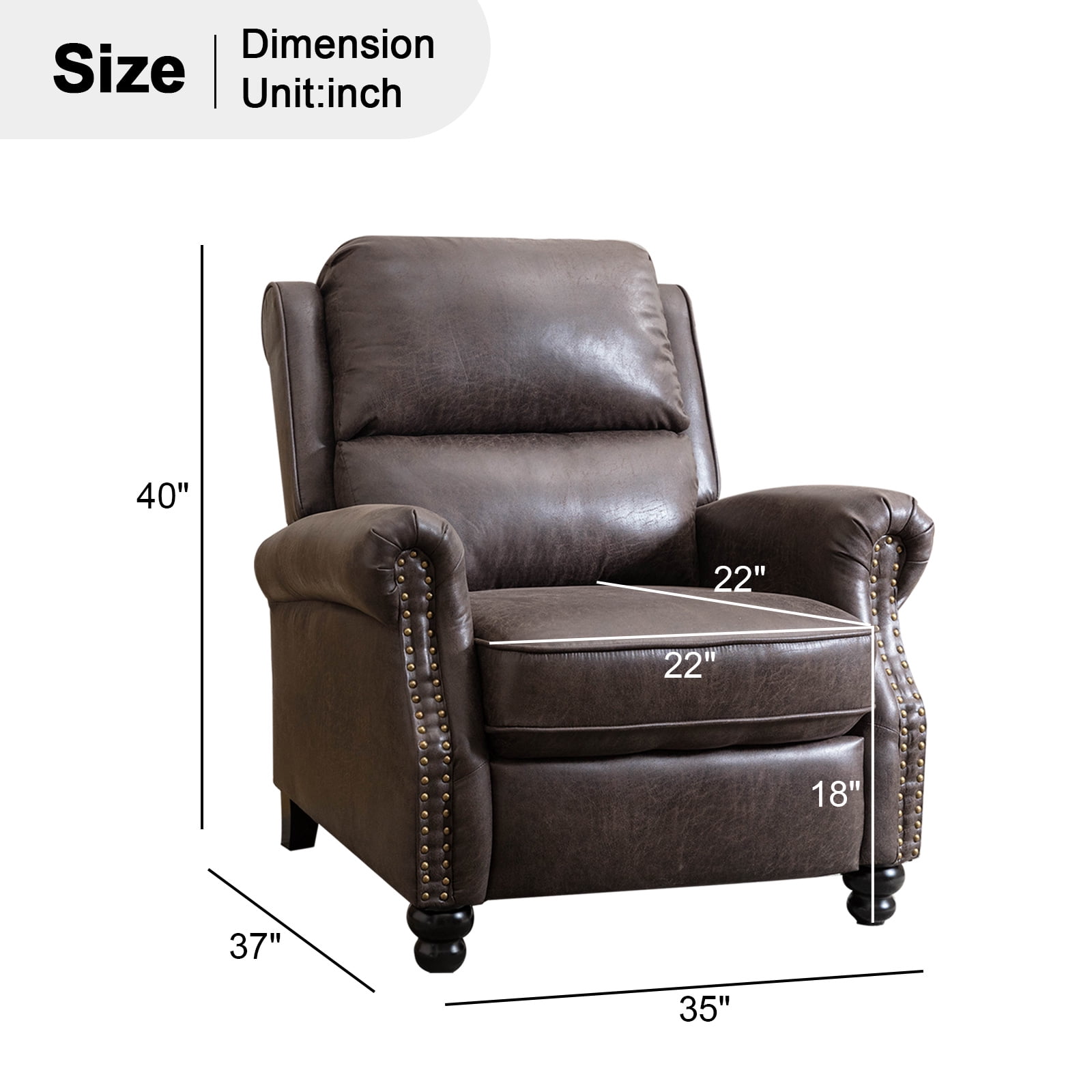 Ebello PU Leather Pushback Recliner Chair with Nailhead Trim - Vintage Style Push Back Lounge Chair for Bedroom & Living Room 350lbs Capacity, Dark Grey