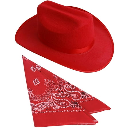 13' Fusion Hi Hat - Kids Red Cowboy Outlaw Felt Hat And Bandana Play Set Costume Accessory