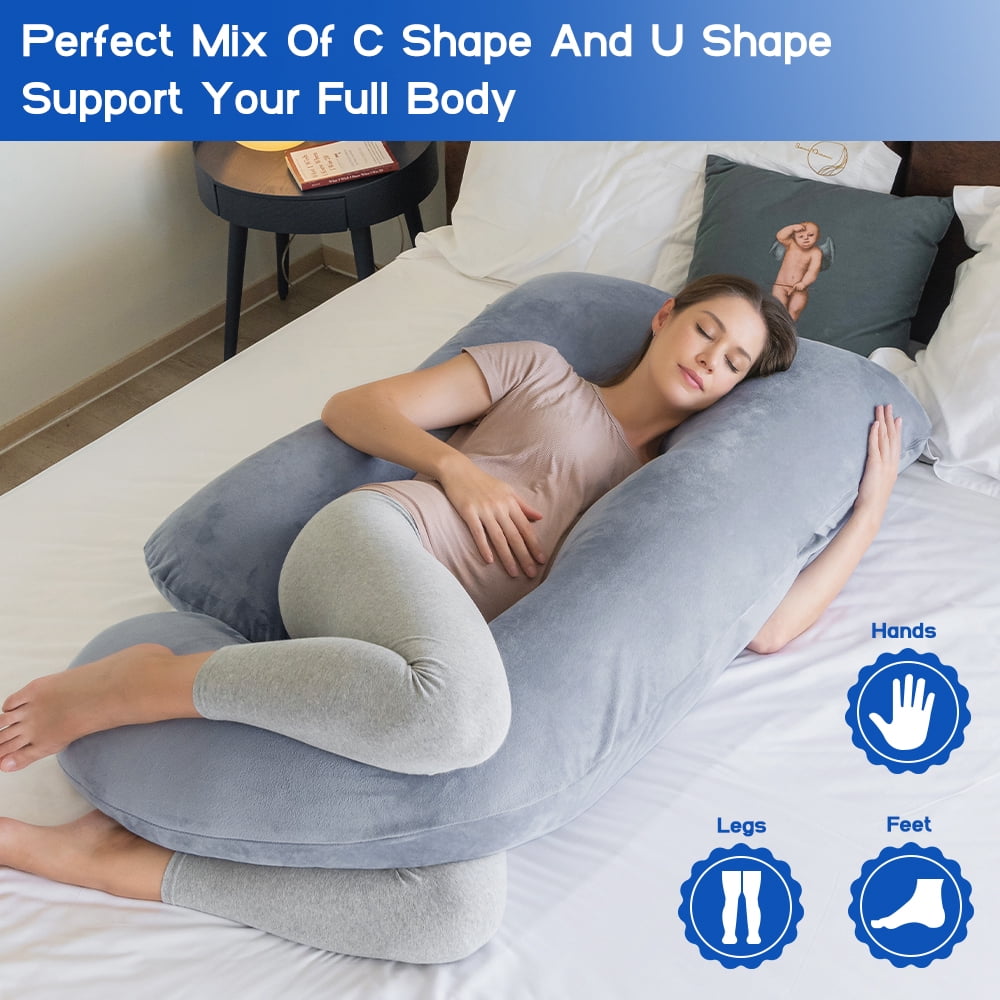 60-inch J-Shaped Pregnancy Pillow, Full Body Maternity Pillow for Side Sleepers, Soft Velvet Removable Washable Cover, Back Hip Leg Support,Purple