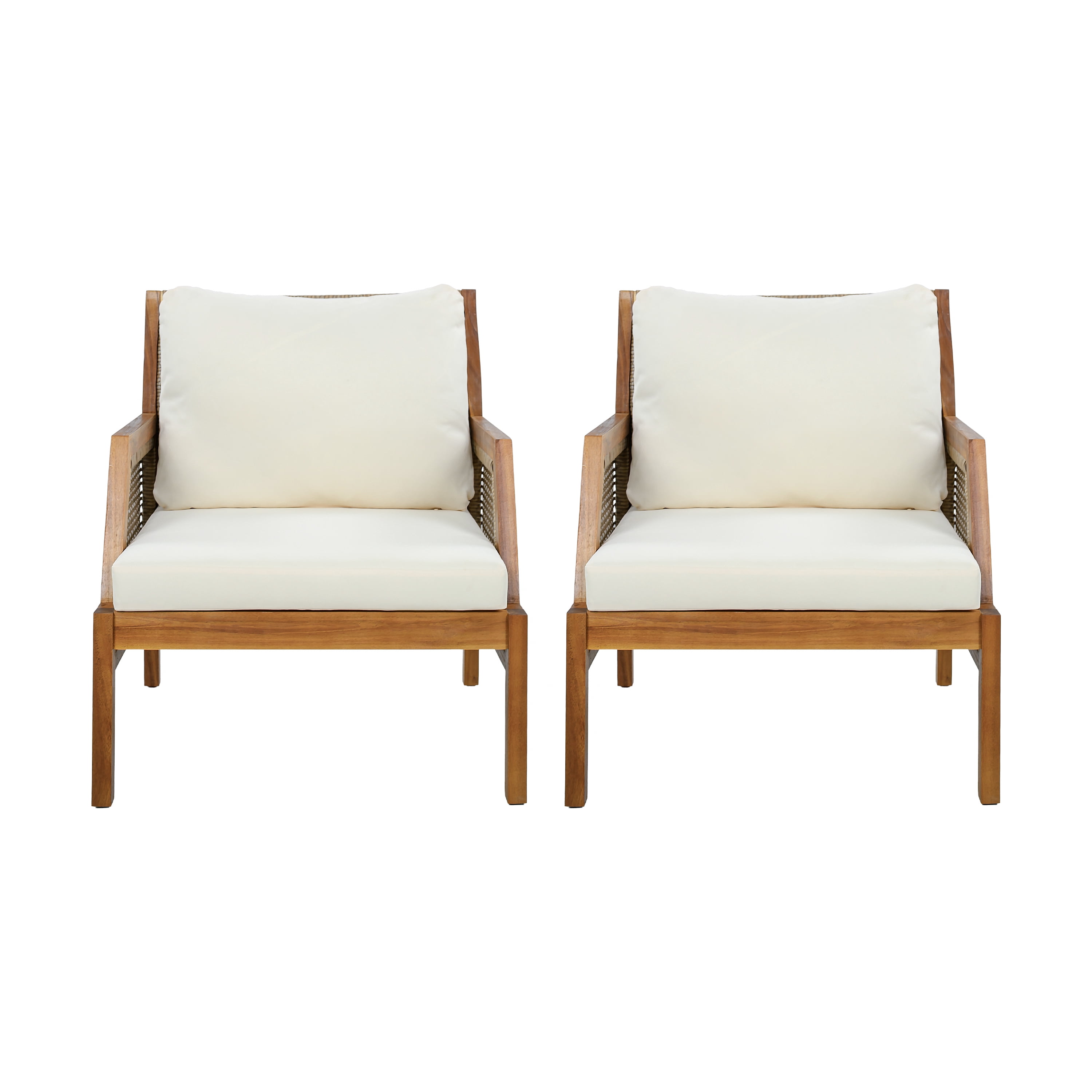 Patio Club Chairs Set of 2 with Acacia Wood and Hand-Woven Flat Wicker, Deep Seating Armchairs and Garden Chairs with Soft Cushions for Backyard, Teak and Cream