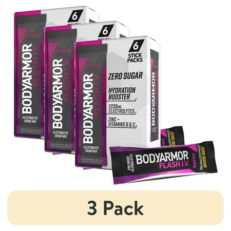(3 pack) BODYARMOR Flash I.V. Sticks Grape Zero Sugar Electrolyte Powder Mix, 0.25 dry oz, 6 Pack Pouches