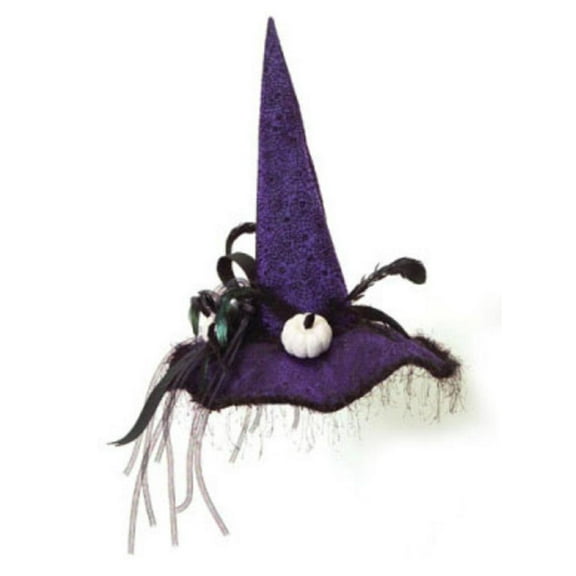 Melrose 22" Witch Hat with Pumpkins, Feathers and Lace Halloween Deoration - Purple/Black