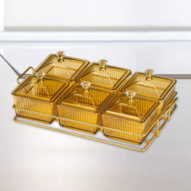 Plato multifuncional para servir 6 tazones con tapa Organizador para servir Postre de frutas Plato para servir para fiesta en casa en , Tapas transparentes Tapas transparentes doradas. BLESIY Bandeja de condimentos