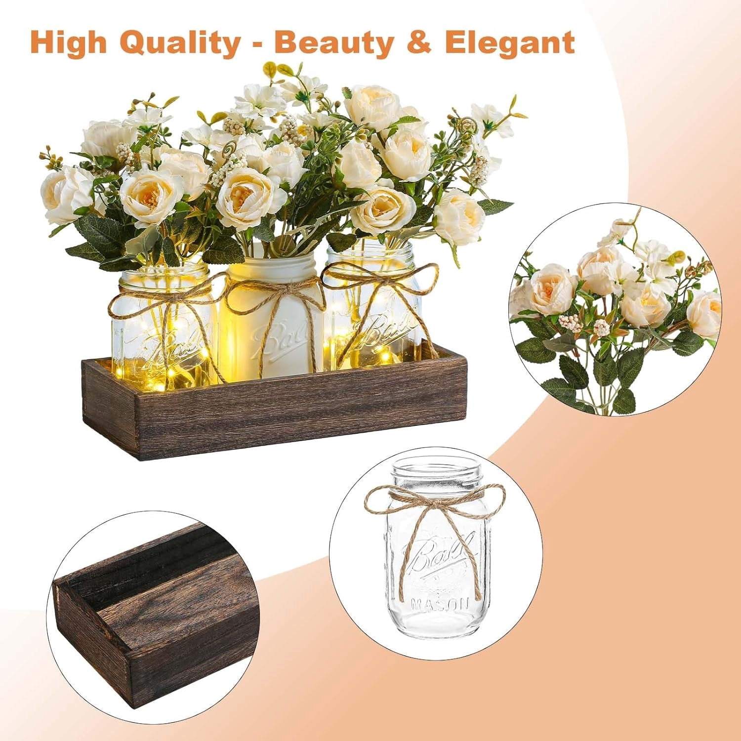 3 Pcs Mason Jar Centerpiece Table Decorations Fake Flowers Artificial Blue Flowers Rustic Spring Centerpieces Decor with Wood Tray and Light Table Decorations for Home Kitchen Living Room
