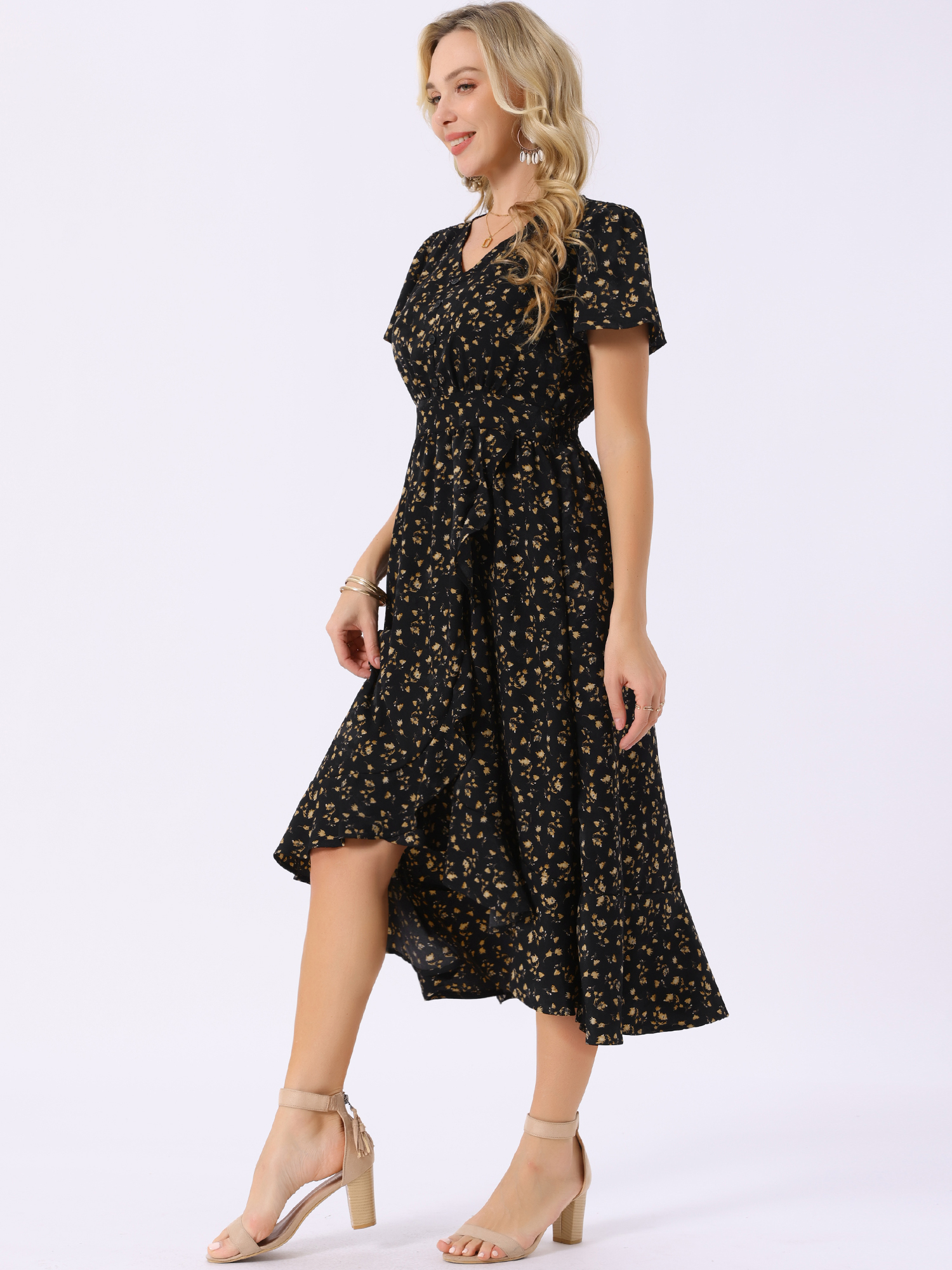 DARING DIVA Floral Midi Flutter Sleeves V Neck Design Dress S Black
