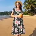 thumbnail image 4 of Uemuo Rose Flowers Print Womens Summer Dress Casual Swing Short Sleeve Sundresses Beach A-line Shift Dress, 4 of 6