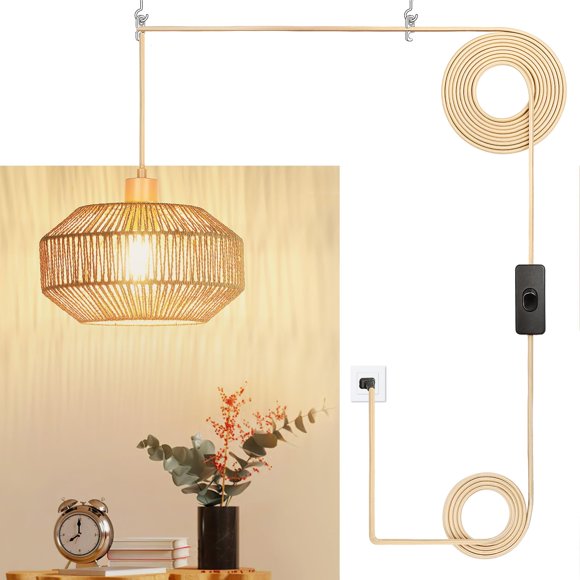 Lámpara colgante enchufable de papel tejido de ratán, lámpara colgante bohemio, rústica, de granja, para cocina, comedor, dormitorio, entrada, con bombilla regulable de 3 vías (tejida)