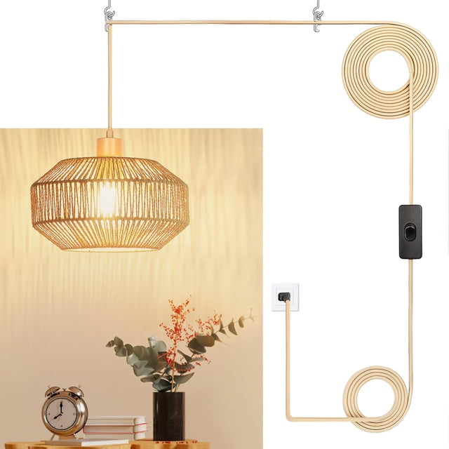 Lámpara colgante enchufable de papel tejido de ratán, lámpara colgante bohemio, rústica, de granja, para cocina, comedor, dormitorio, entrada, con bombilla regulable de 3 vías (tejida)