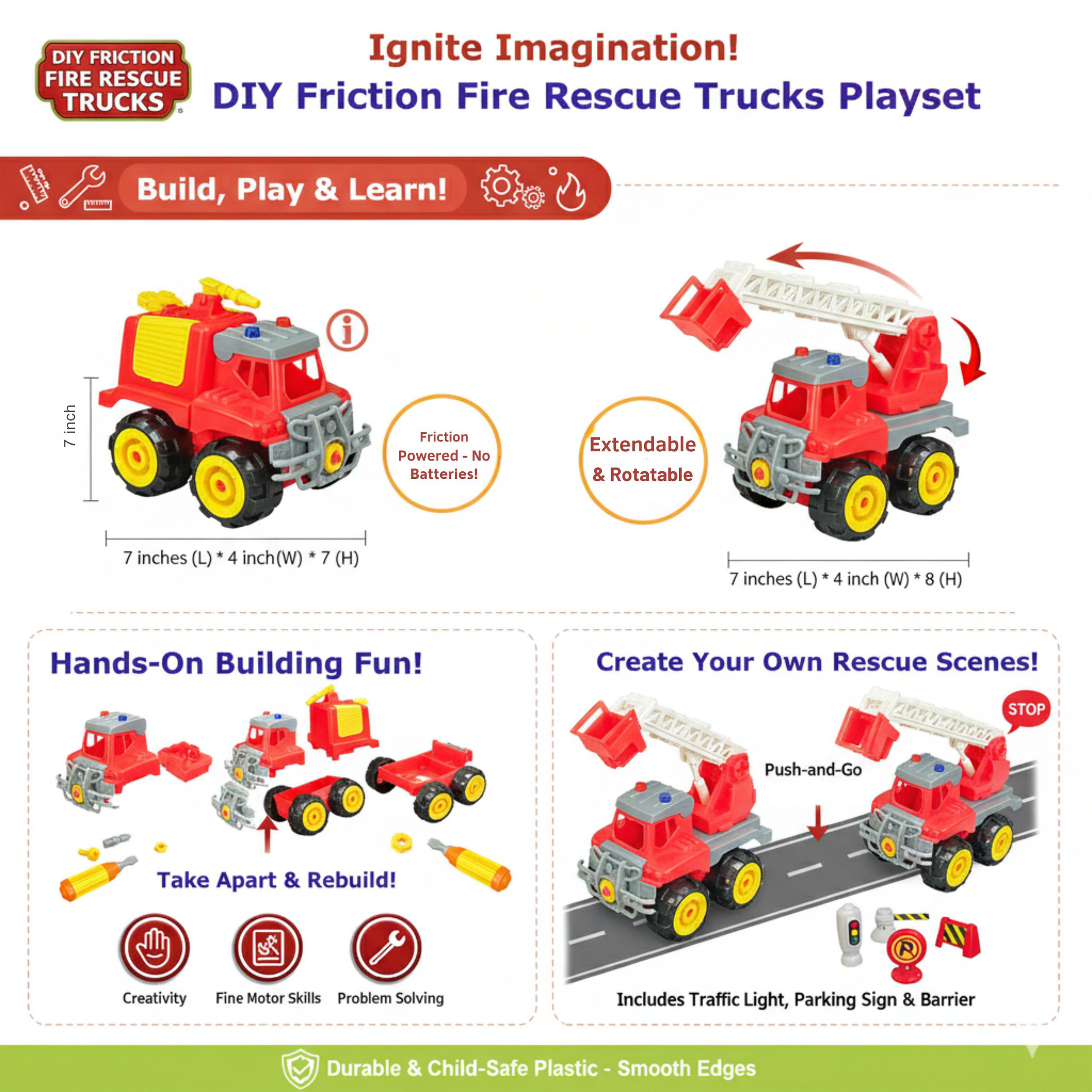 STEM DIY Fire Rescue Truck Building Kit (2 Vehicles) with Screwdriver, Traffic Signs & Moving Parts – Friction-Powered Take Apart Toy for Kids 3+