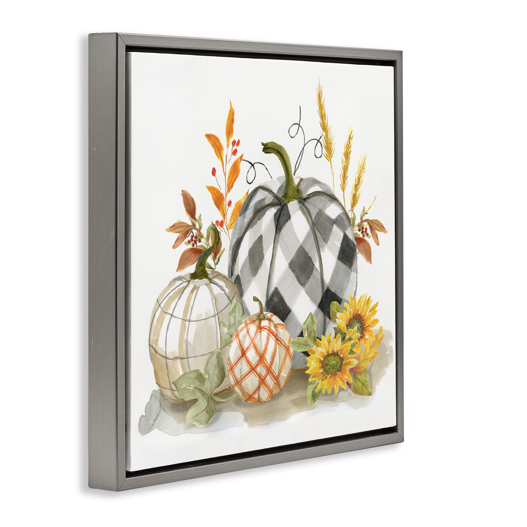 Stupell Industries Fall Patchwork Patterned Pumpkins Botanical & Floral Painting Gray Floater Framed Canvas Art Print Wall Art, 25 x 25