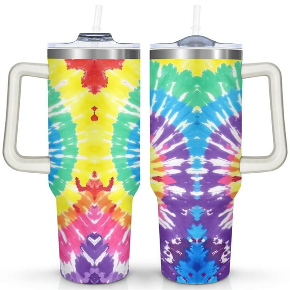 Colored Tie-dyeing 40 Oz Tumbler with Handle Lid and Straw, Stainless Steel Double Walled Vacuum Insulated Cup, Cute Anniversary Wedding Birthday Gifts Tumbler for Women Men Friends Outdoor Indoor