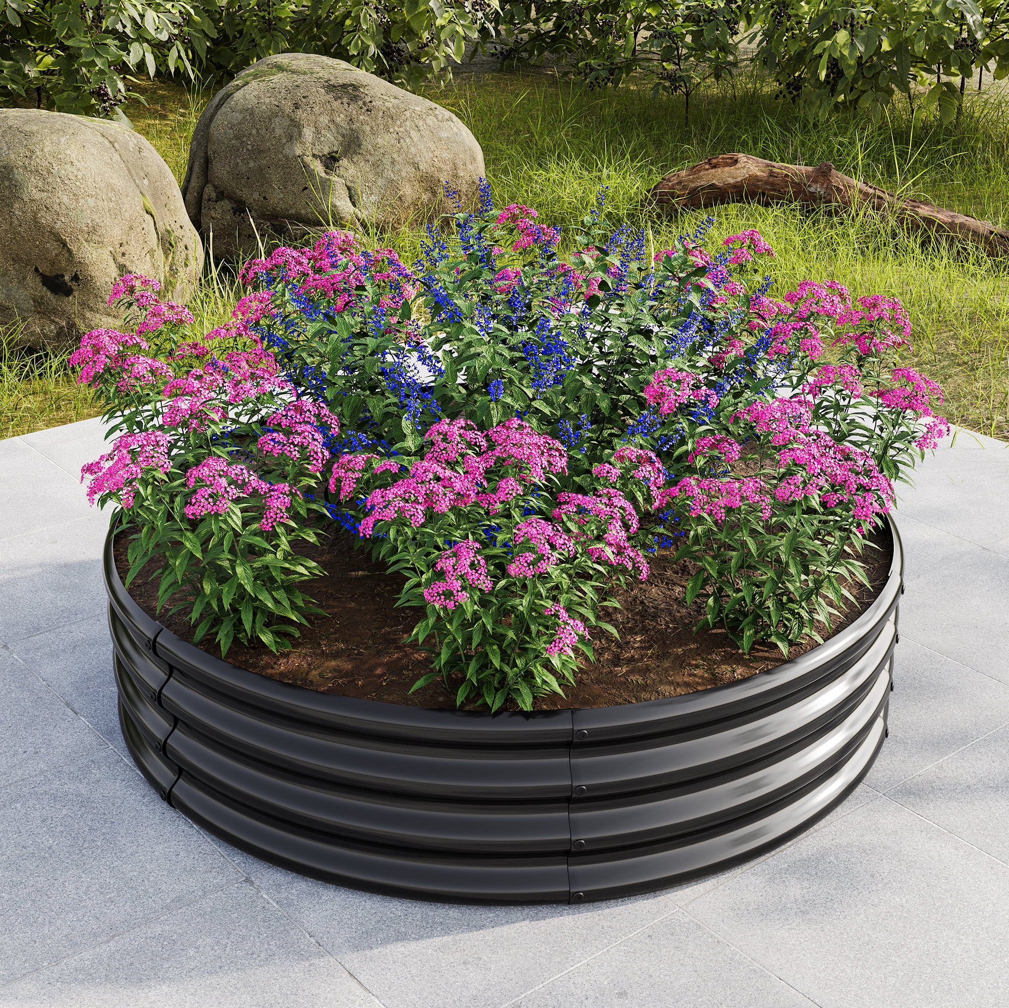 Galvanized Metal Planter Box, 2PCS 47.24"x11.4" Tall Round Outdoor Raised Garden Bed, Black Backyard Patio Planter Raised Beds for Flower, Herbs, Fruits