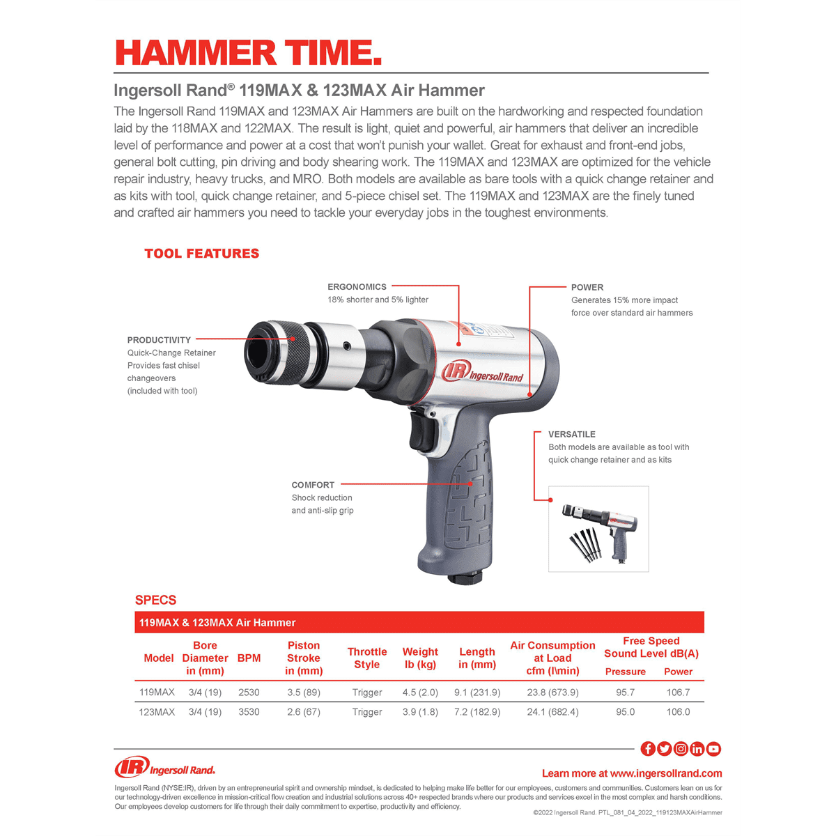 Ingersoll Rand 119MAXK Long Barrel Air Hammer, Low Vibration, for Vehicle Repair