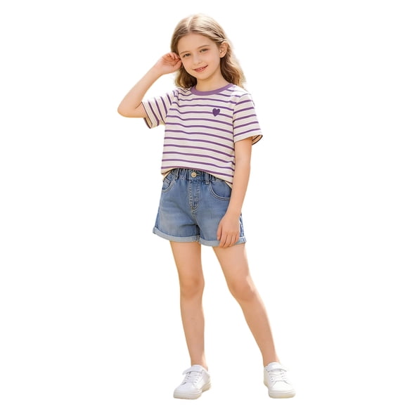 Cethrio Girls Cotton T-shirts, Stripe Casual Short Sleeve Crew Neck Summer Tops Kids Tees Purple Size 10